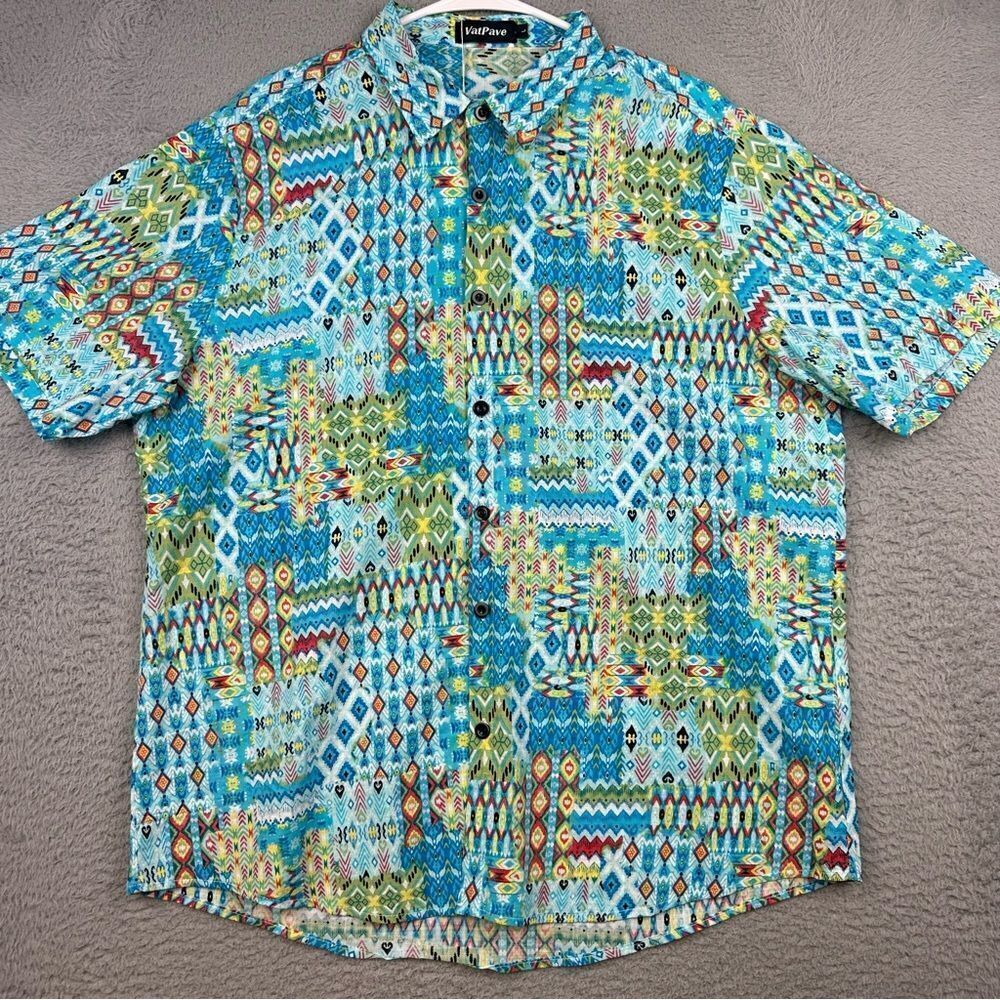 VatPave Shirt‎ Mens Large Blue Colorful Hawaiian Viscose Blend Geometric Beach